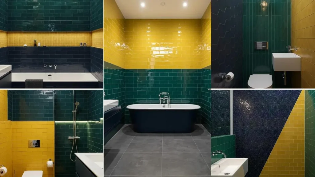 Collage of bold color-blocked bathrooms with deep navy, emerald green, and mustard yellow tiles.
