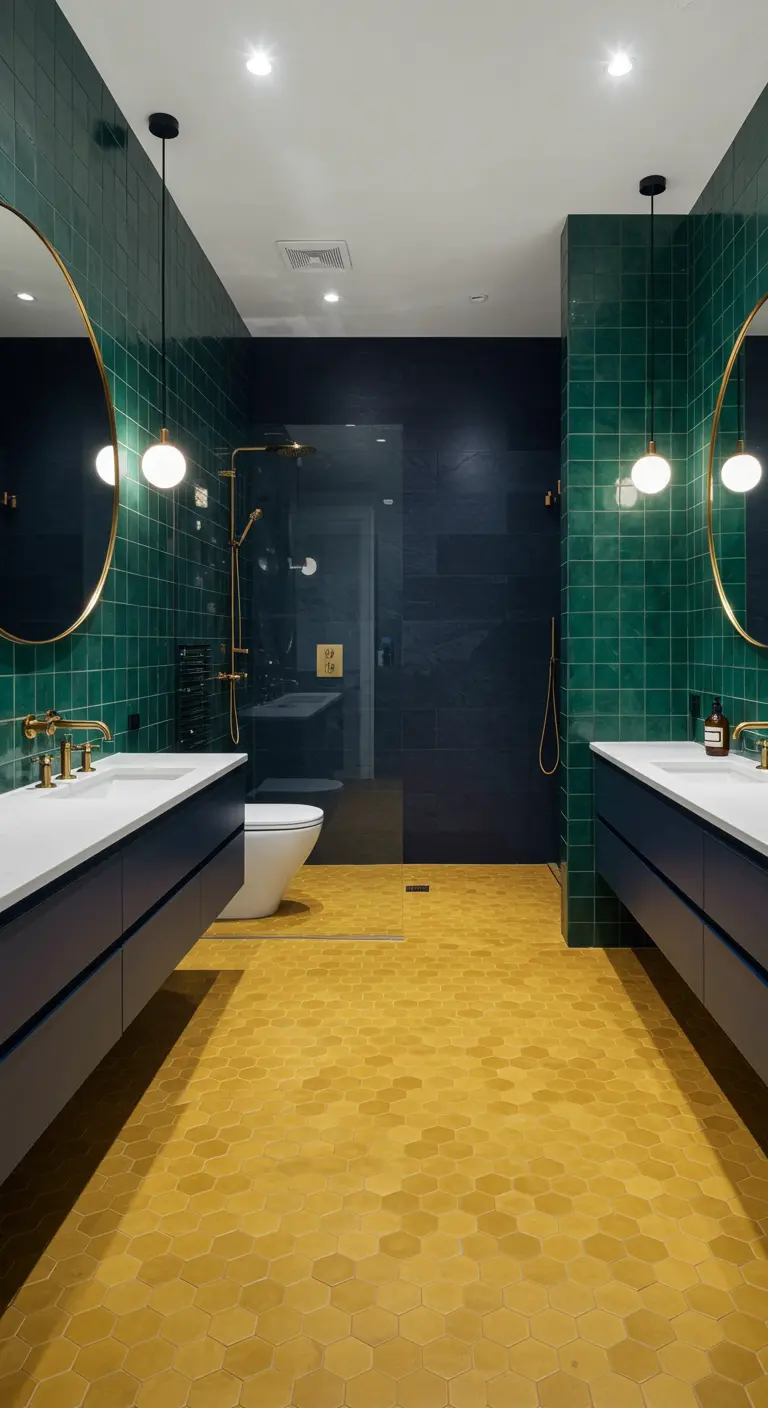Symmetrical bathroom with green tiled walls, navy feature wall, yellow hexagon floor, and gold fixtures.
