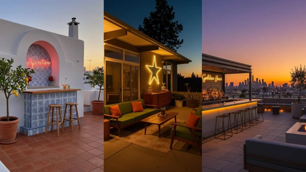 Three stylish outdoor patio bar setups at sunset, featuring chic neon signs and inviting alfresco ambiance.