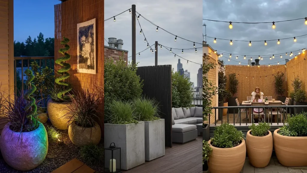Inviting urban rooftop oasis with stone planters, bamboo screens, and colorful soft lighting for evening relaxation.