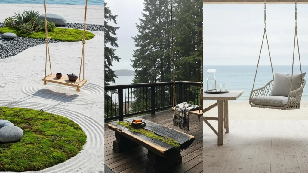 Coastal deck view with a rustic driftwood bench, wooden table, and a comfy rope swing overlooking the sea.