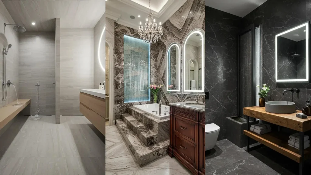 Luxury marble bathrooms featuring LED backlit mirrors, high-gloss finishes, and elegant waterfall fountains.