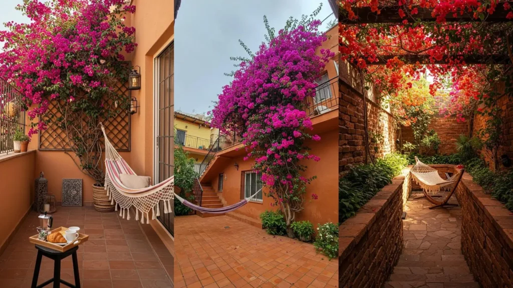 Urban garden escapes with hammocks, terracotta walls, and vibrant hanging bougainvillea.