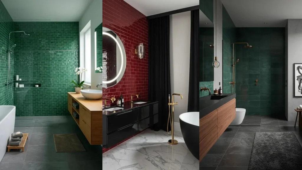 Bold jewel-toned bathrooms featuring emerald green and ruby red porcelain tiles and modern fixtures.