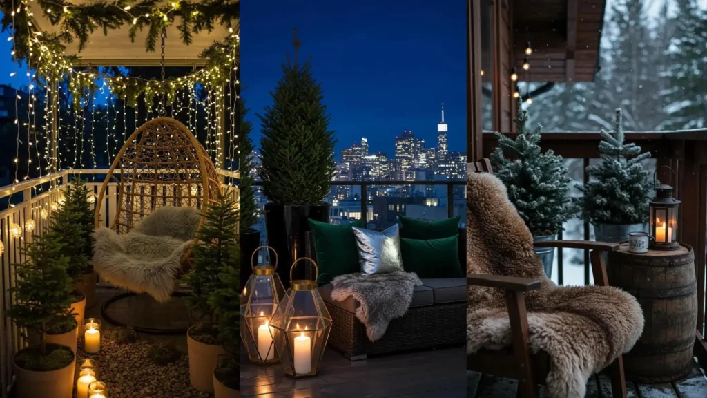 Cozy balcony nooks with faux fur throws, candlelight, and mini pine trees for a warm, inviting space.