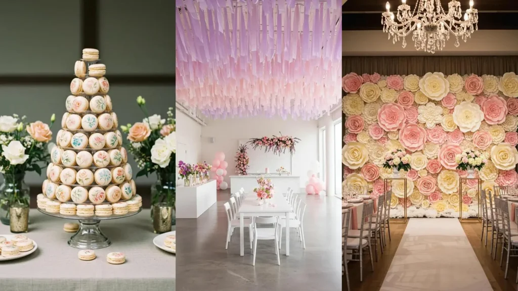 Collection of DIY pastel party decorations for soft and stylish celebrations: ribbons, paper flowers, and elegant desserts.