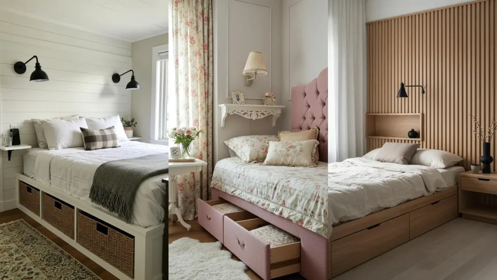 Space-saving small bedroom ideas with under-bed storage, wall sconces, and built-in nightstands for rentals.