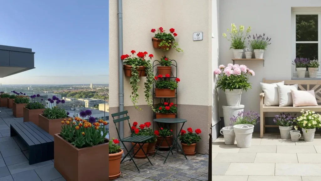 Urban container garden decor featuring bright florals in terracotta pots, white planters, and bench seating areas.
