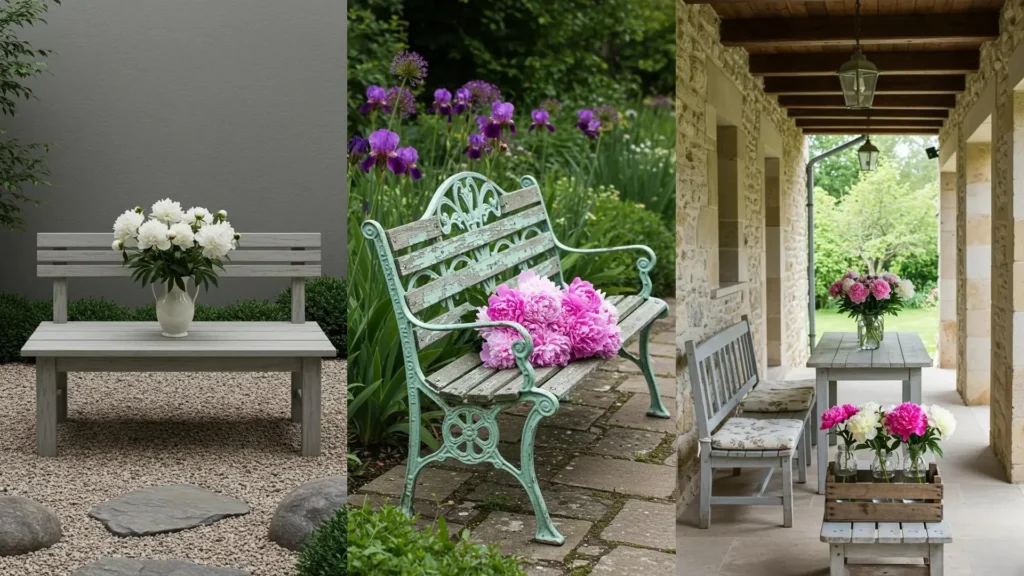 French country garden with distressed pastel bench, lush peonies, and charming stone patio.