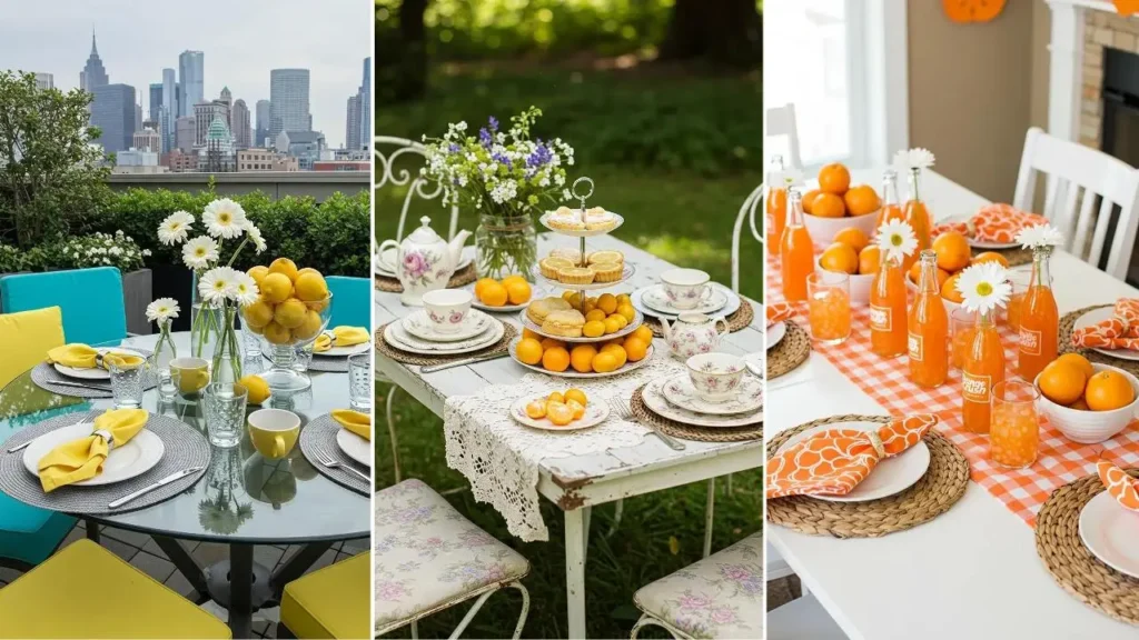 Three bright summer tablescapes with citrus centerpieces, woven placemats, and vibrant colors for party decoration.