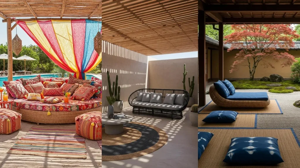 Various organic-shaped rattan sofas on layered jute rugs under wooden canopies in three garden styles.
