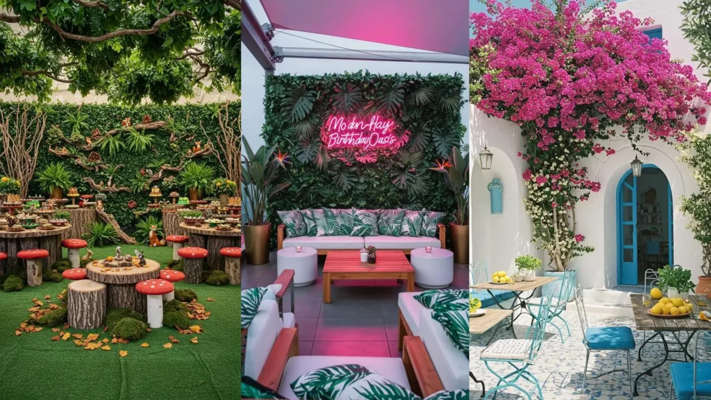 Lush greenery party decor with leafy walls, botanical backdrops, and hanging vines for festive themes.