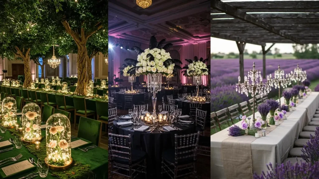 Romantic wedding reception with elegant crystal chandelier centerpieces featuring white roses and candlelight on black tables.