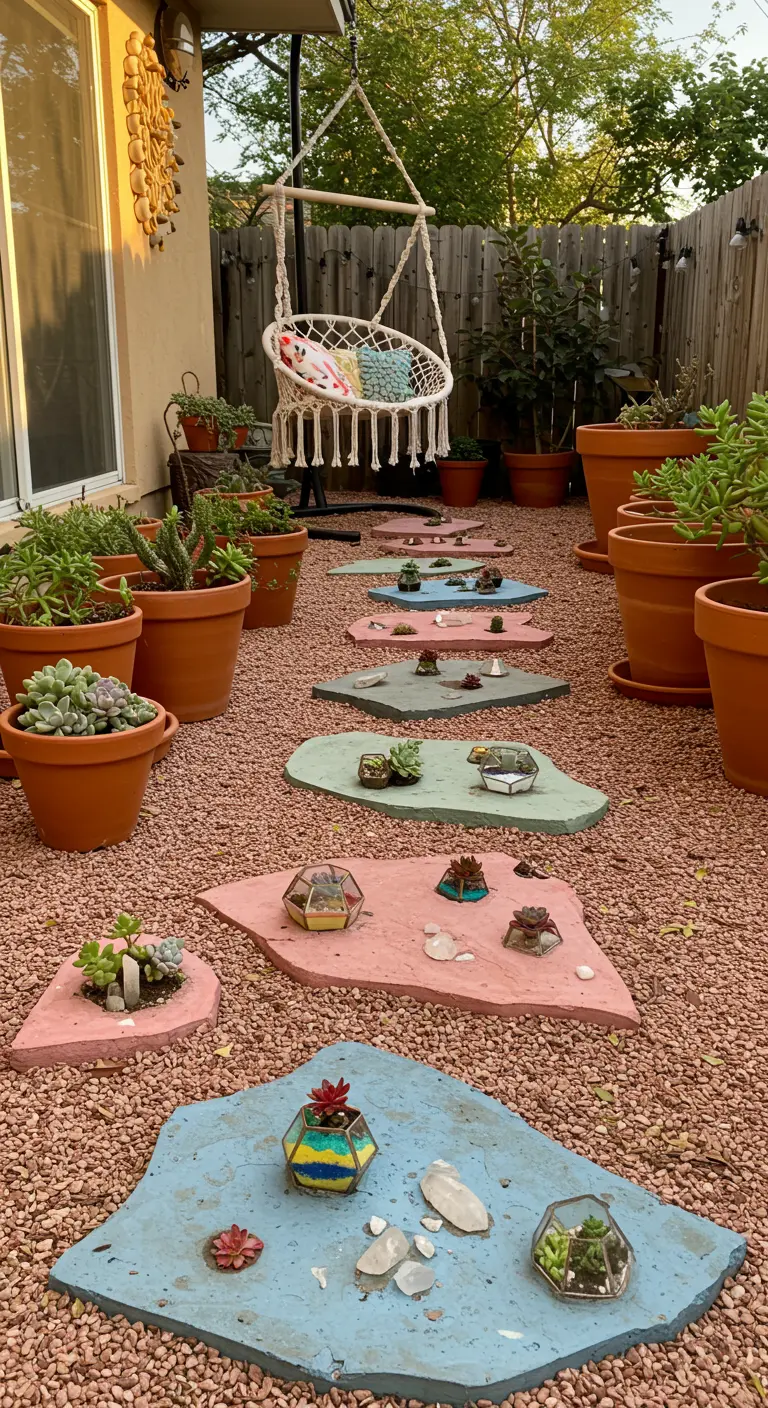A colorful, bohemian path of pink and blue painted stones with terrariums and crystals.