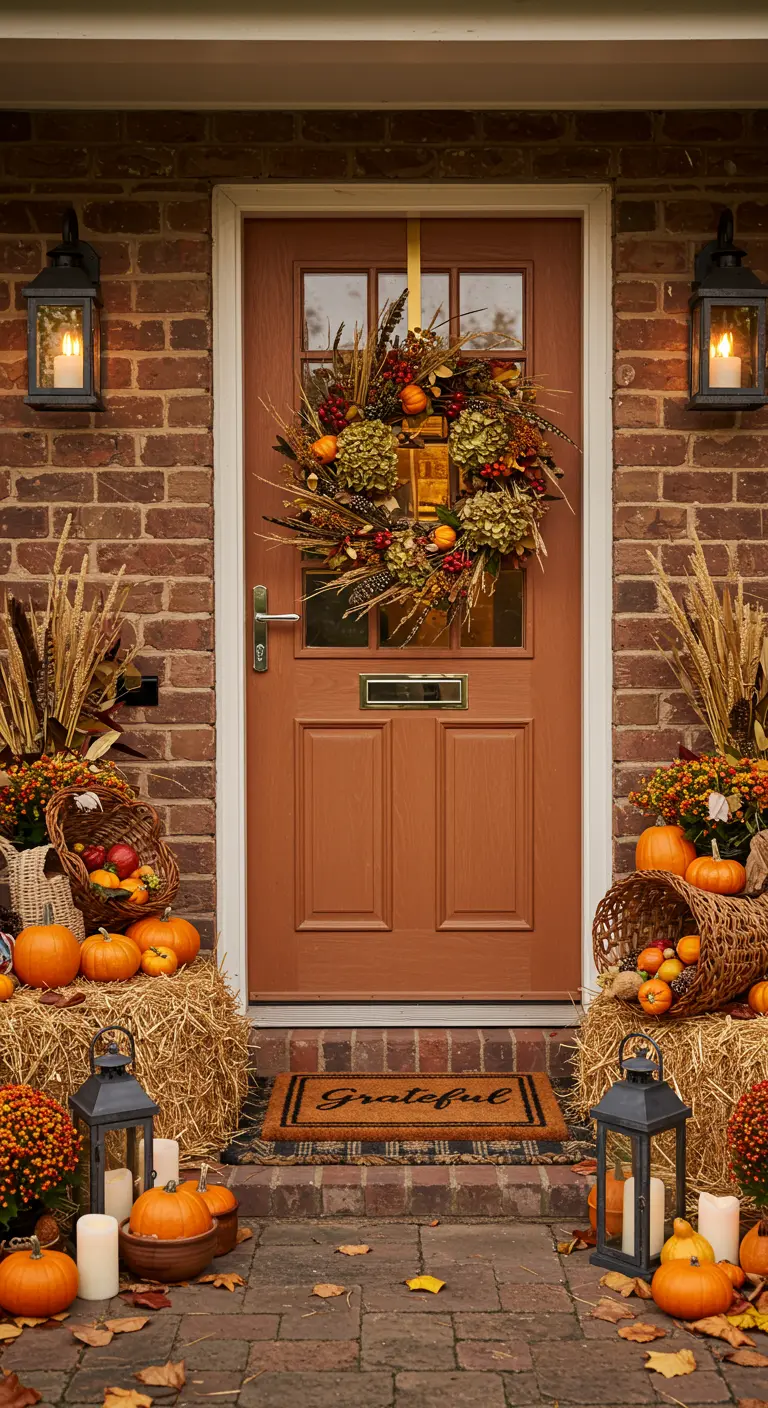 Brown door with a harvest wreath, flanked by hay bales, pumpkins, and lanterns.