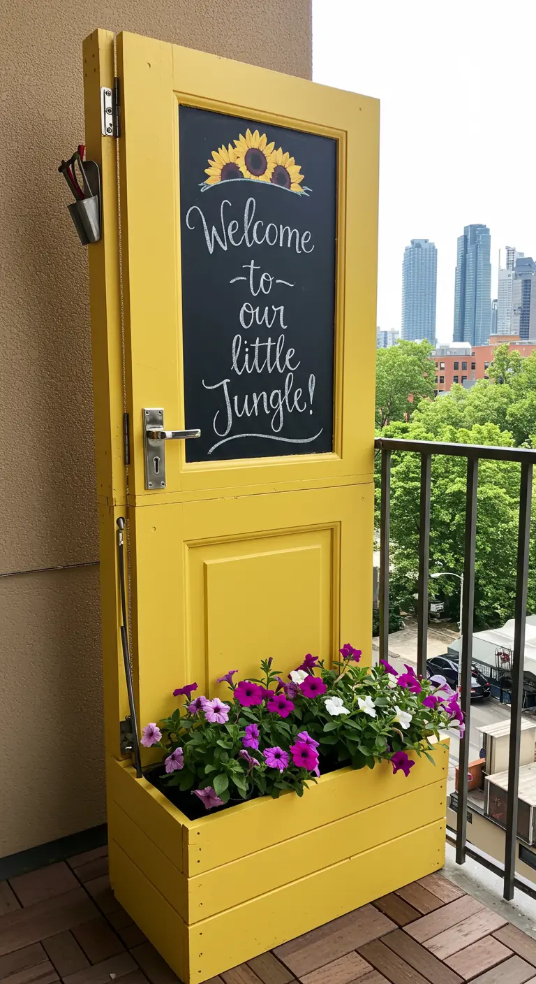 A bright yellow door potting station with a built-in planter box full of purple and white flowers.