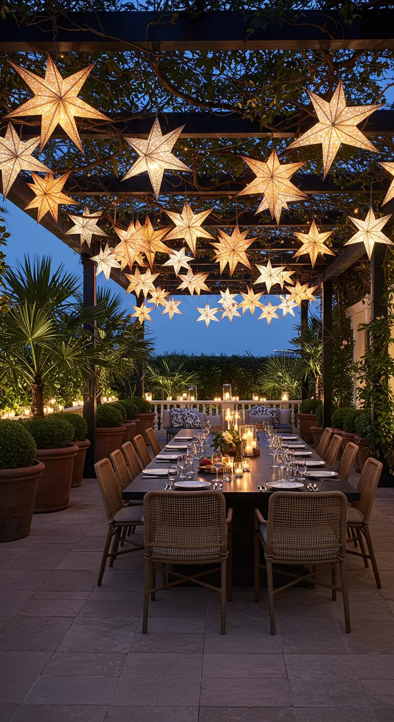 A pergola over a long dining table, adorned with a multitude of glowing star-shaped lanterns.