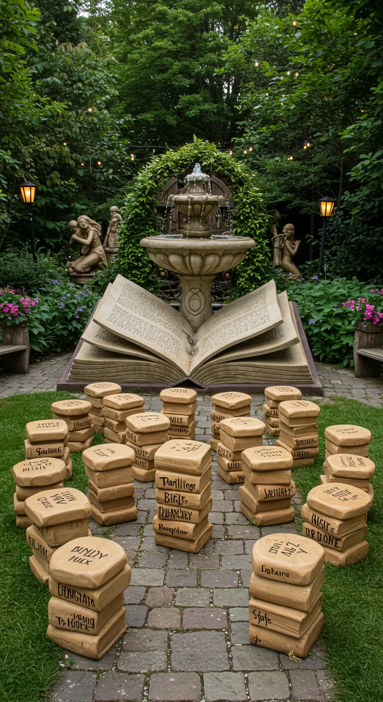Whimsical garden stools shaped and painted to look like stacks of books, gathered around a fountain.