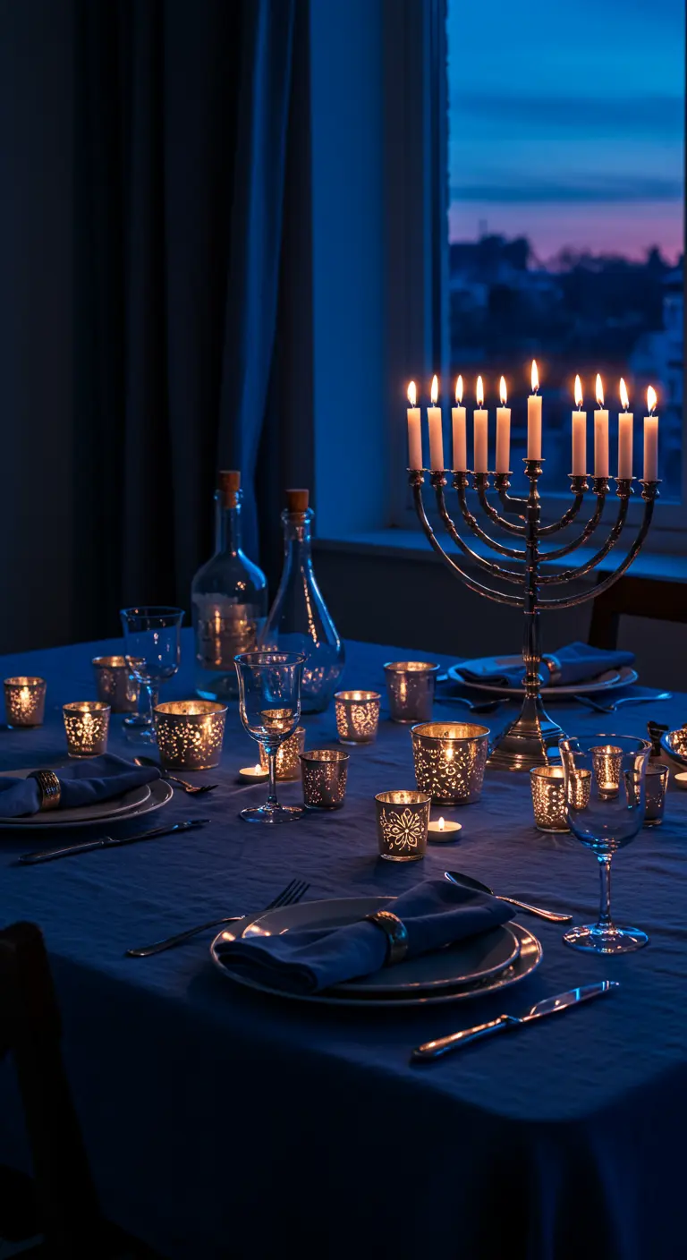 A moody Hanukkah table lit by a menorah and numerous small votive candles in glass holders.