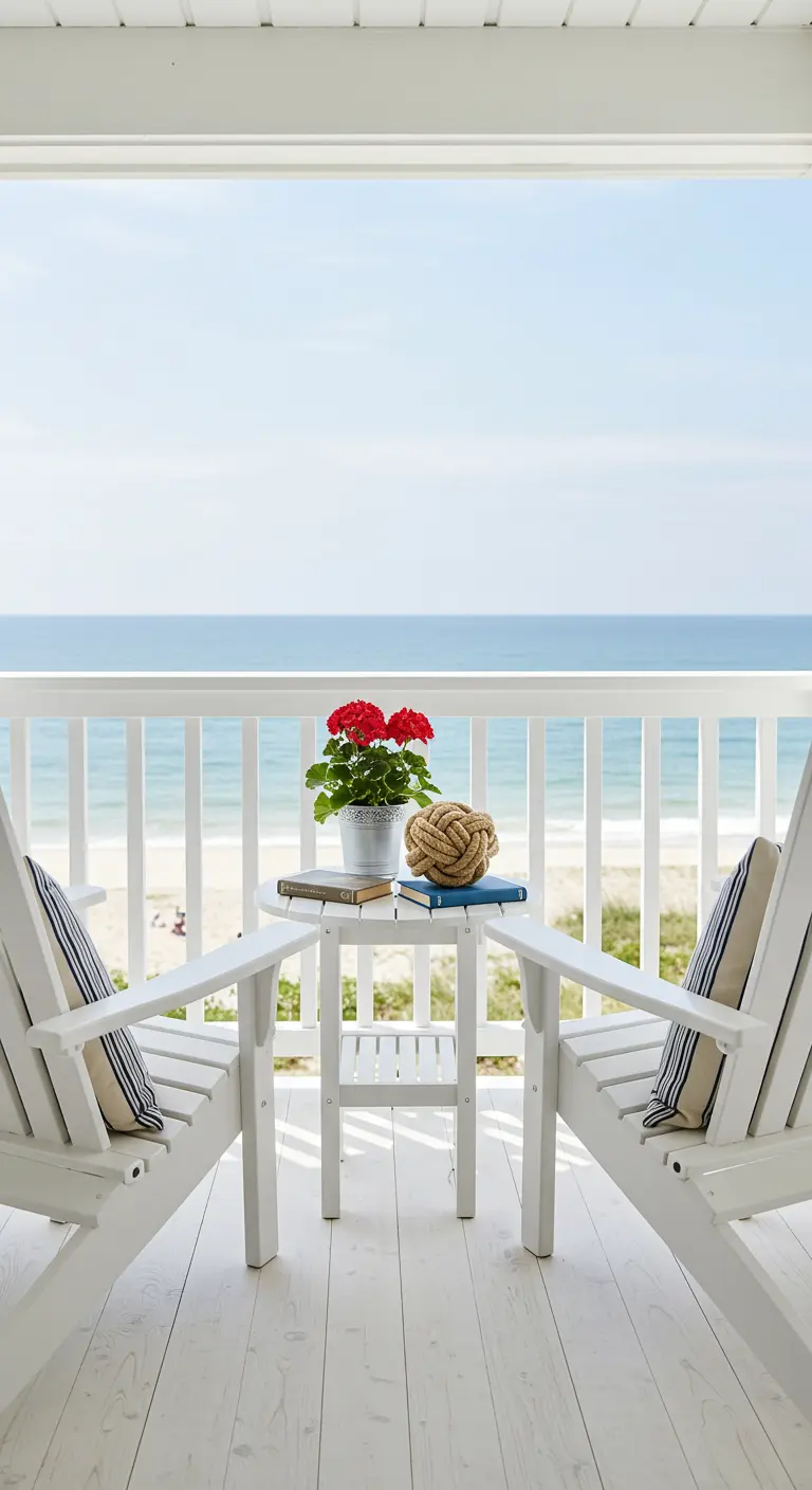 Two white Adirondack chairs on a white deck facing the ocean.