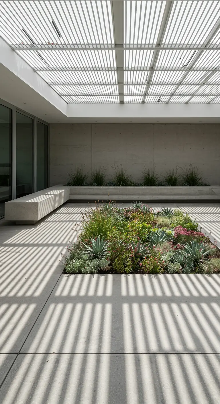 A large courtyard with a slatted roof casting linear shadows over a central succulent garden and benches.