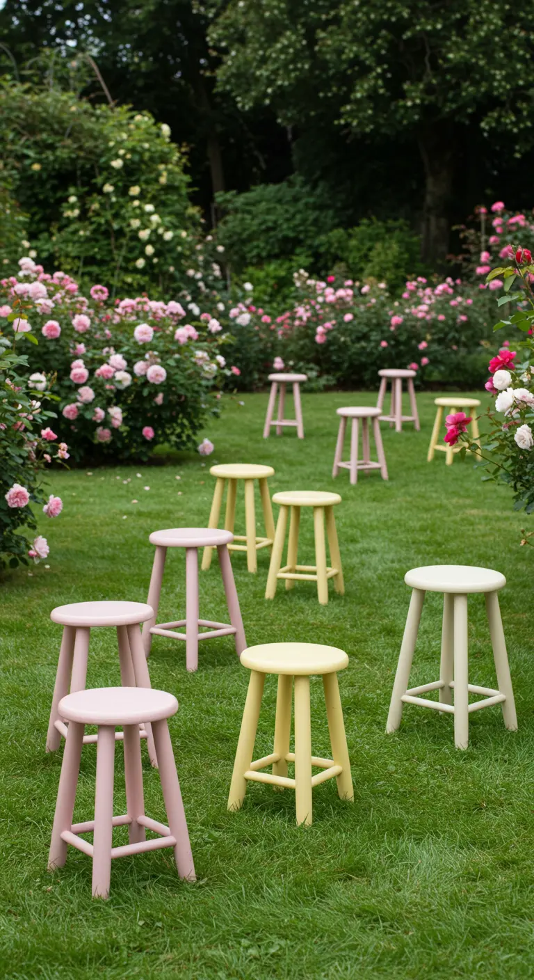 Stools in soft pink and pale yellow scattered across a lush green lawn in a blooming rose garden.