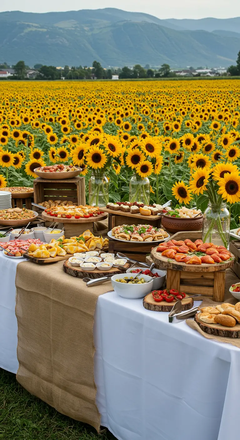 A beautiful buffet table set up in front of a vast field of sunflowers.