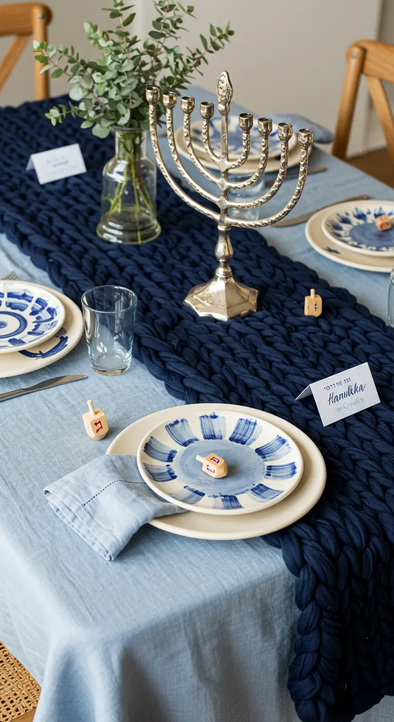 A textural Hanukkah table with a chunky knit runner, ceramic plates, and eucalyptus.