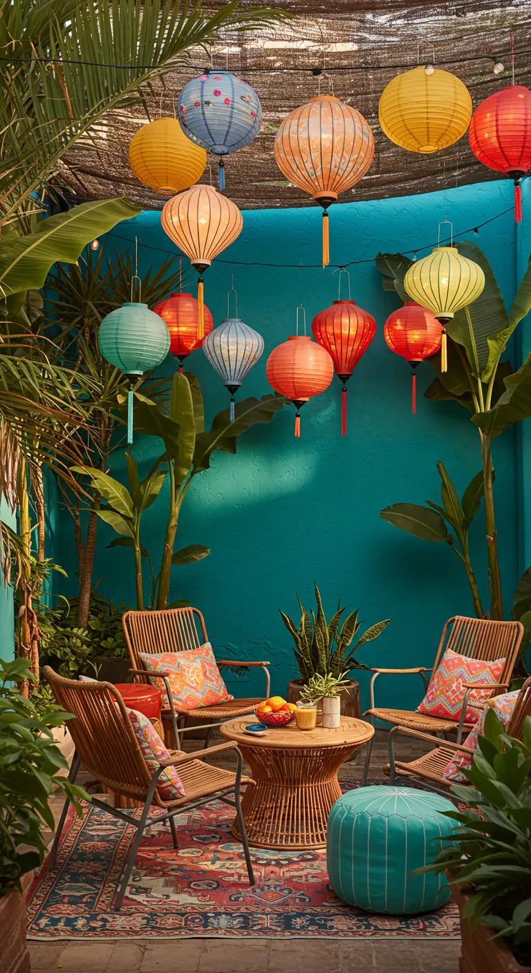 A vibrant patio with a turquoise wall, colorful hanging paper lanterns, and rattan chairs.