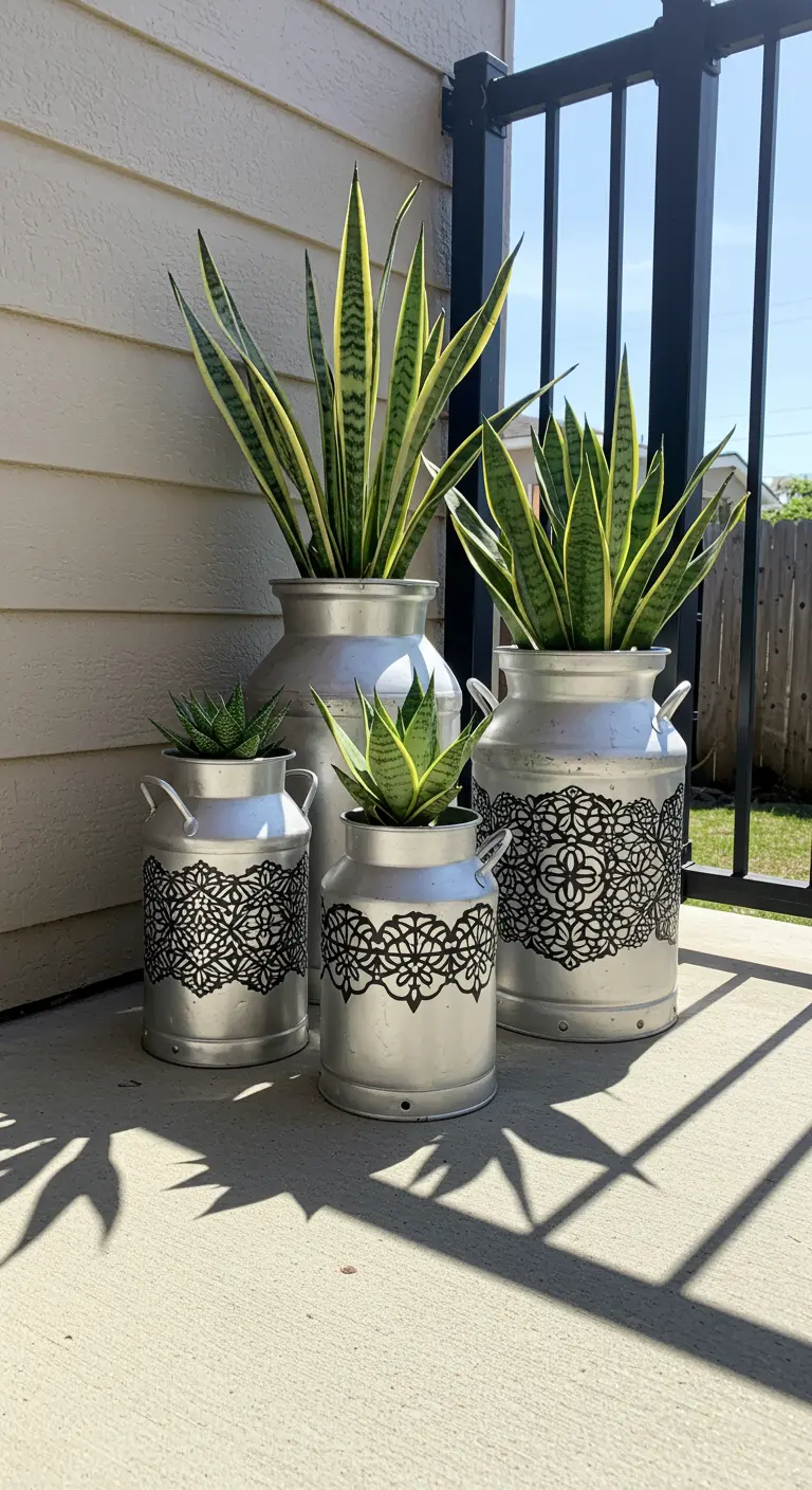 Four silver milk cans with black lace stencils holding snake plants and succulents on a patio.