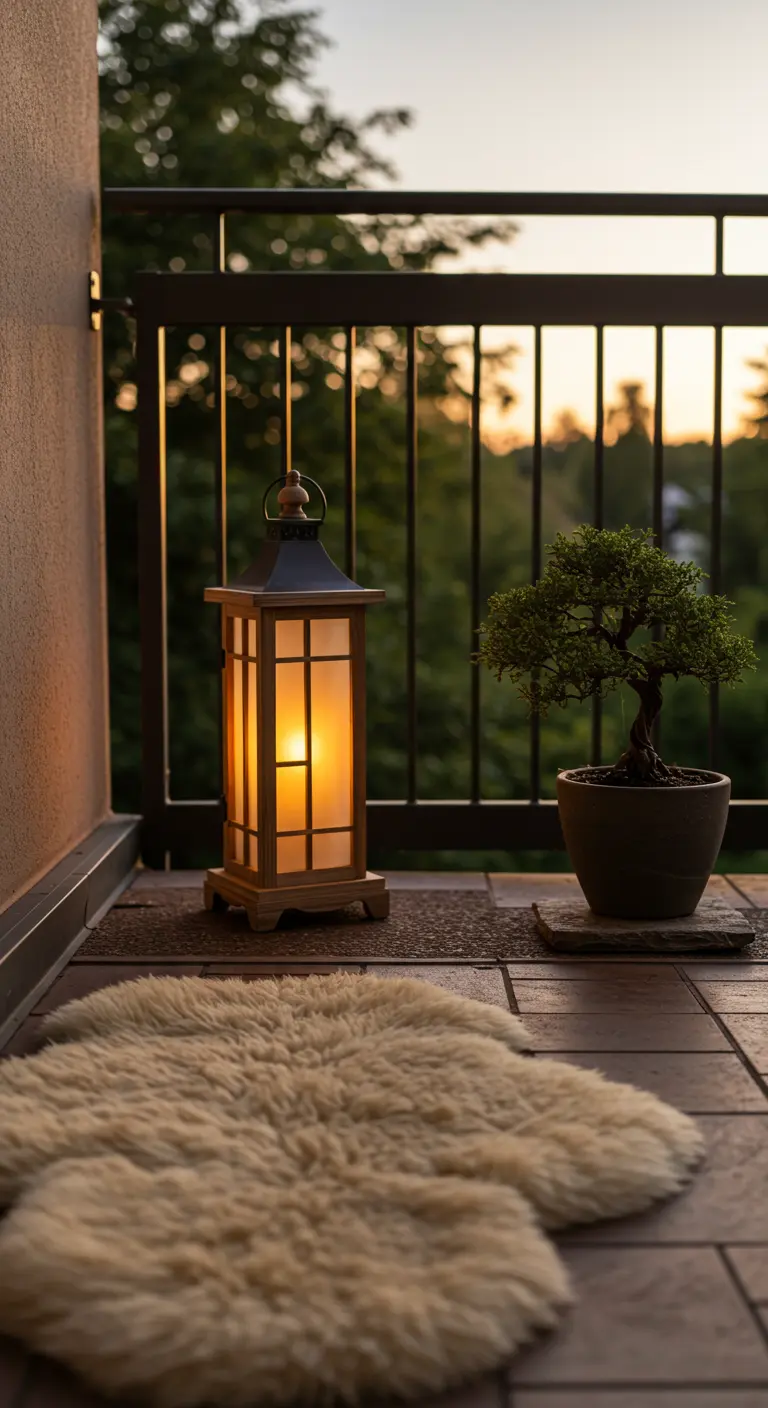 A minimal balcony corner with a sheepskin rug, a bonsai tree, and a Japanese-style lantern.