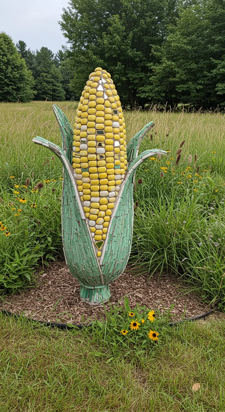 A giant mosaic sculpture of an ear of corn standing in a grassy field.