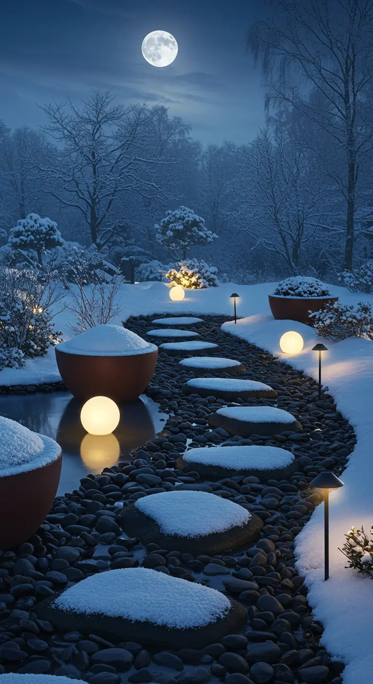 A path of snow-covered stepping stones by a pond, lit by glowing orbs on land and water.