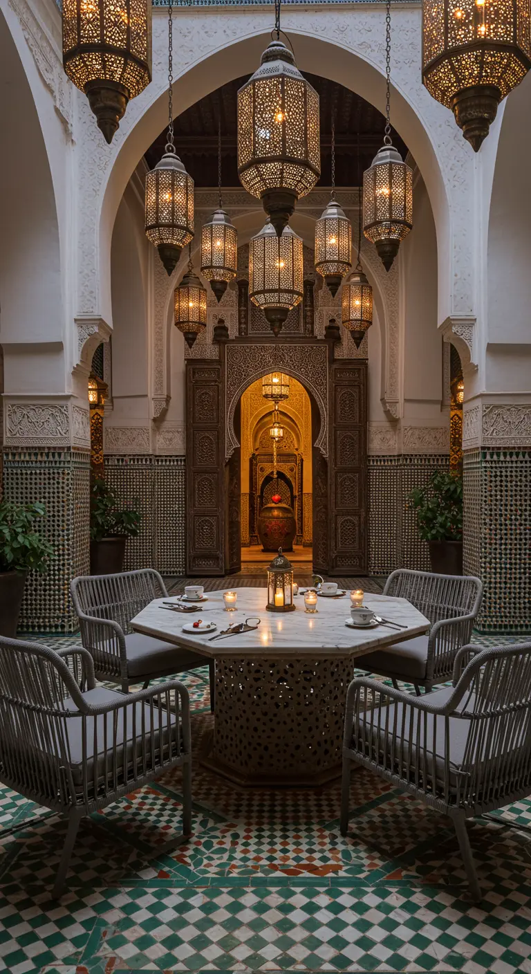 An ornate Moroccan courtyard with a marble table and hanging metal lanterns.