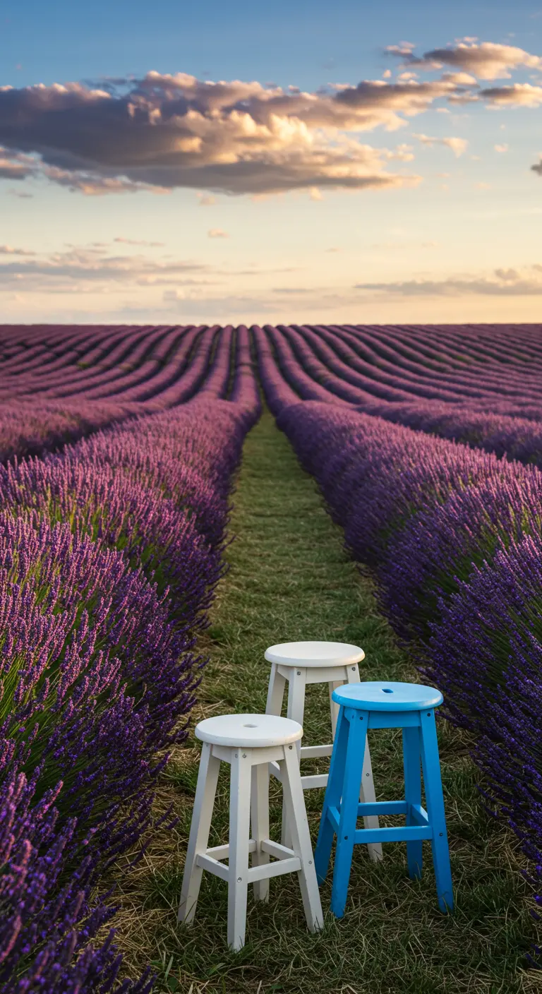White and blue painted stools placed in the middle of a vast, blooming lavender field at sunset.