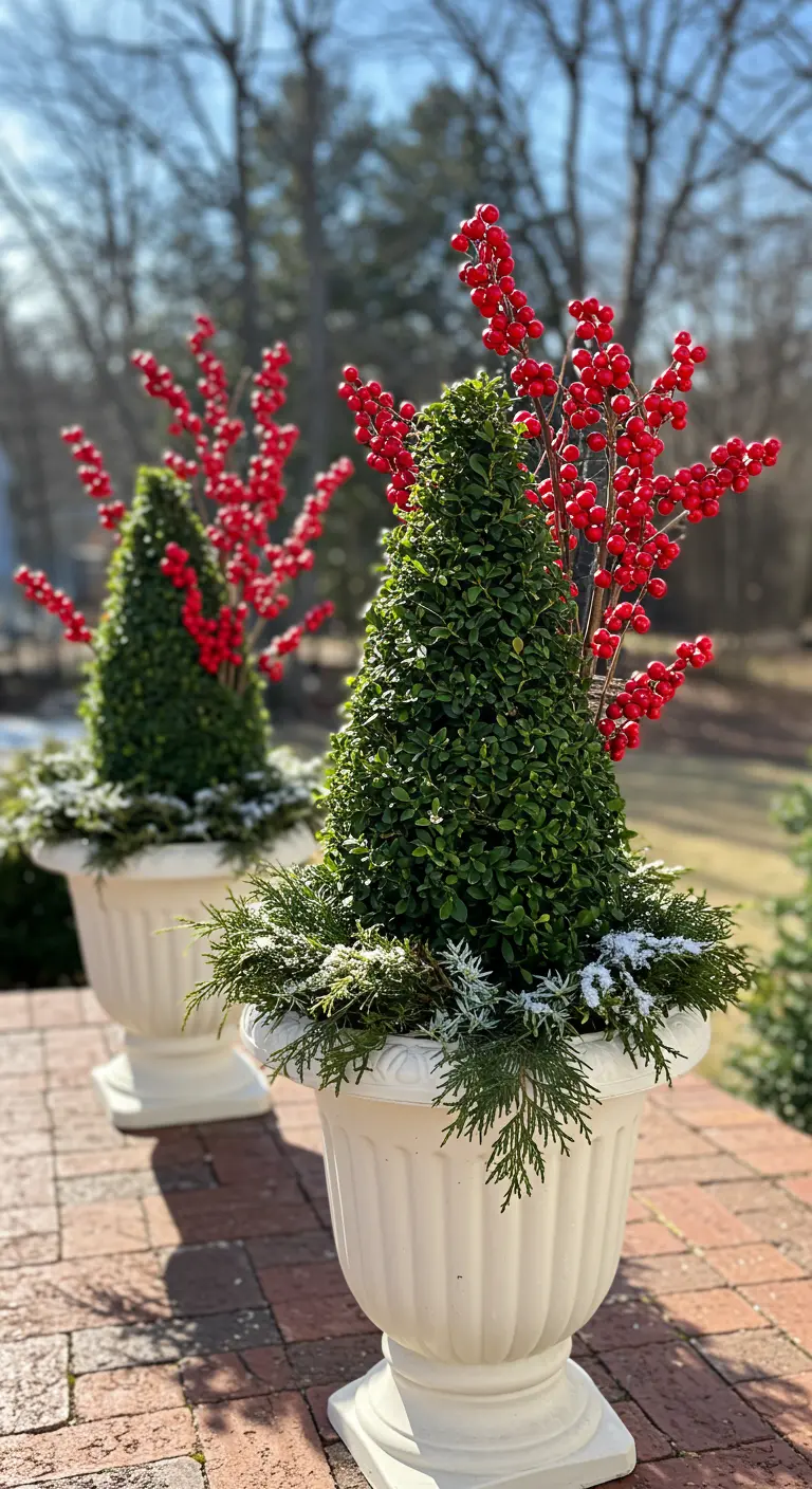 White urns with conical boxwood topiaries and bright red winterberry branches.
