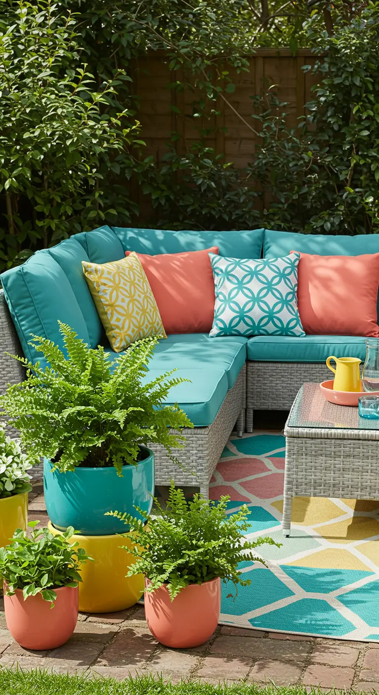 A vibrant patio with a grey sectional, turquoise cushions, and colorful planters.