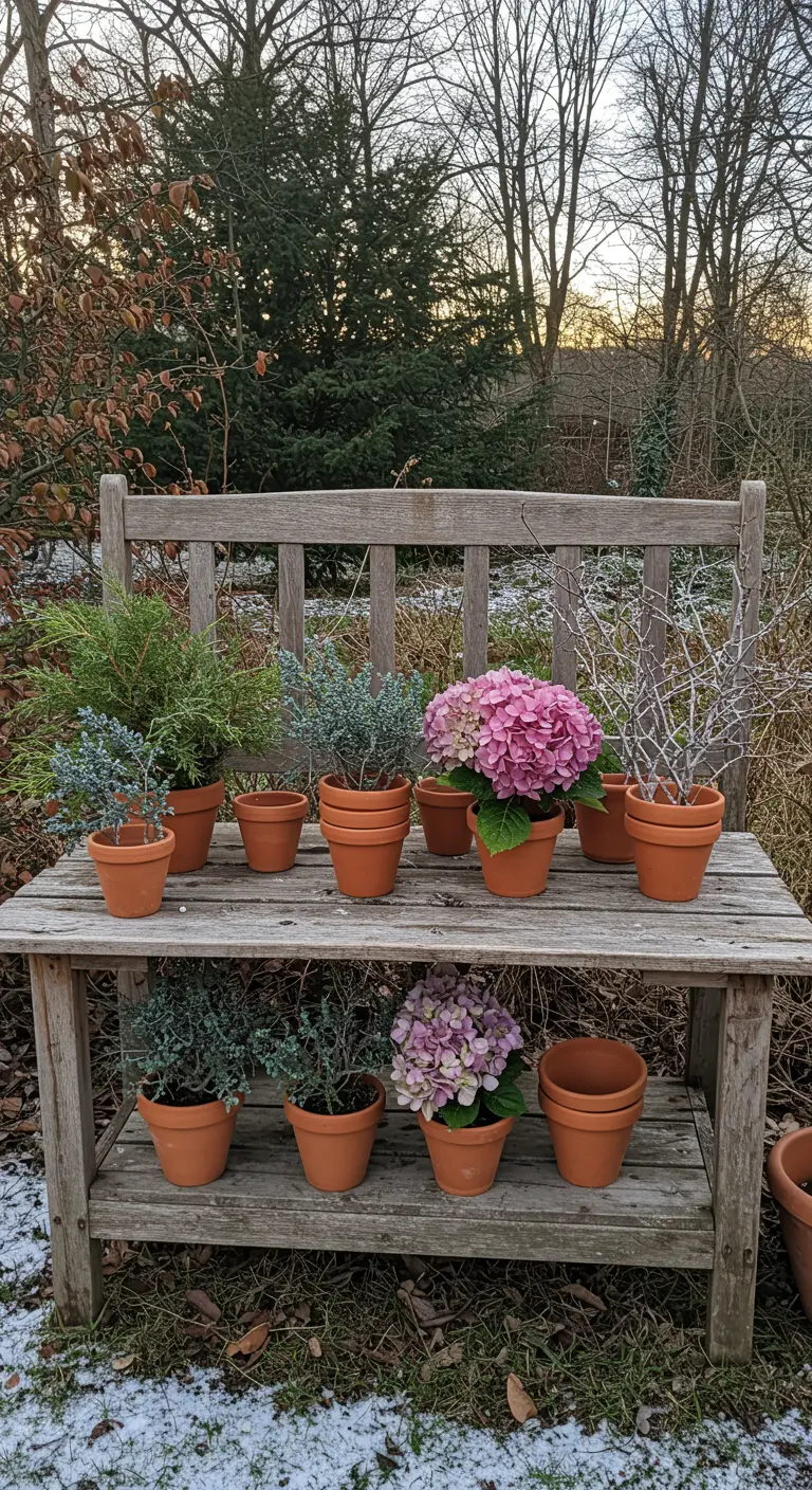 A wooden potting bench styled with numerous small terracotta pots holding winter greens and hydrangeas.
