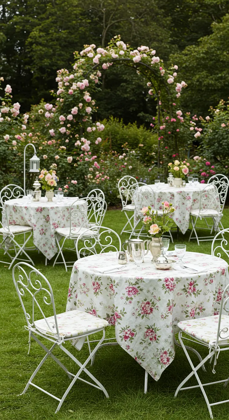 White wrought-iron tables in a rose garden with floral tablecloths.