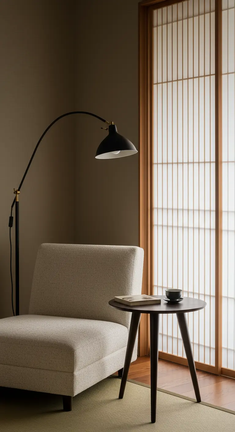 Japandi reading nook with a bouclé chair, shoji screen, and a modern black floor lamp.