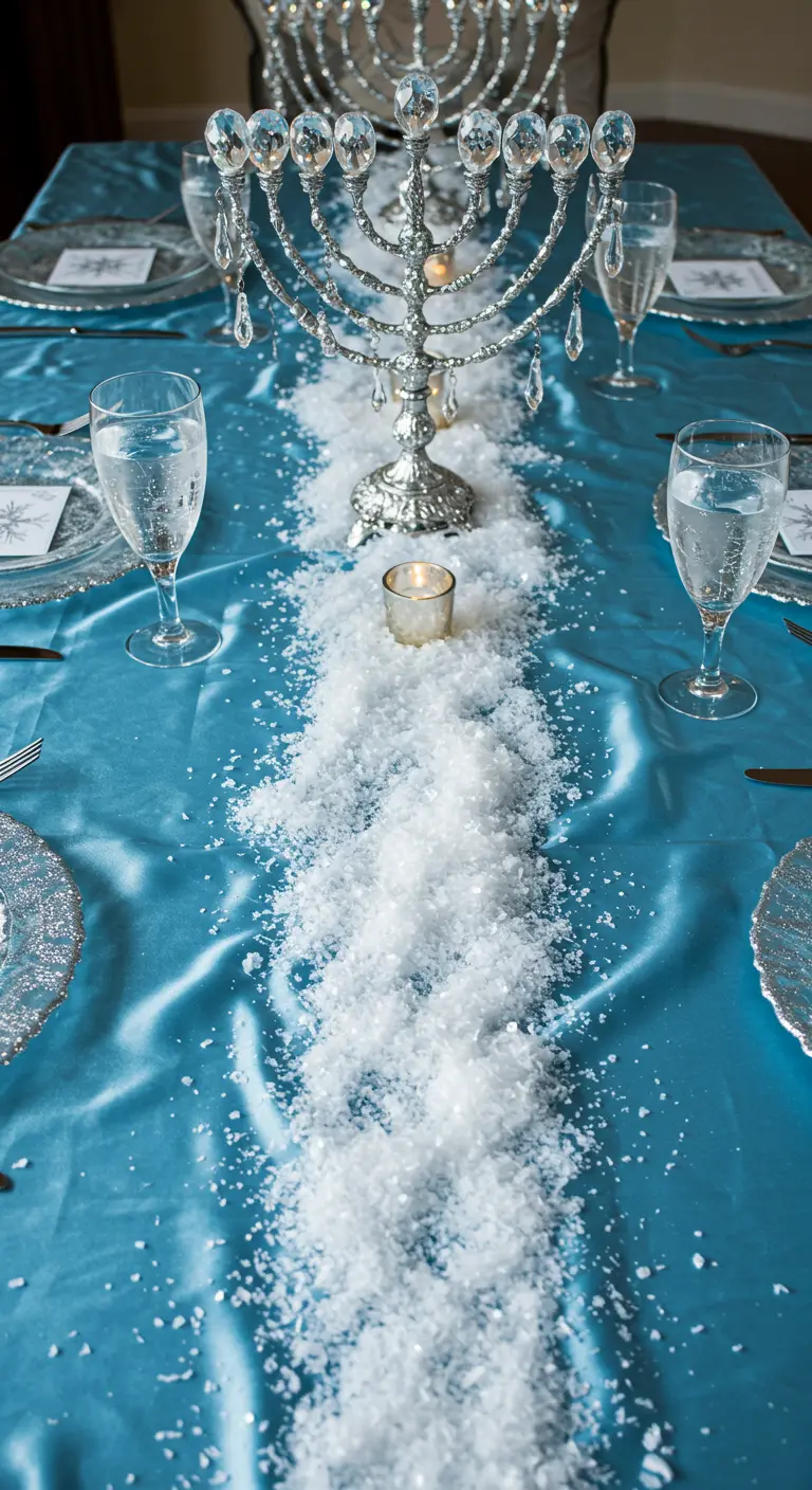 A Hanukkah table with a turquoise cloth and a runner of fake snow down the center.