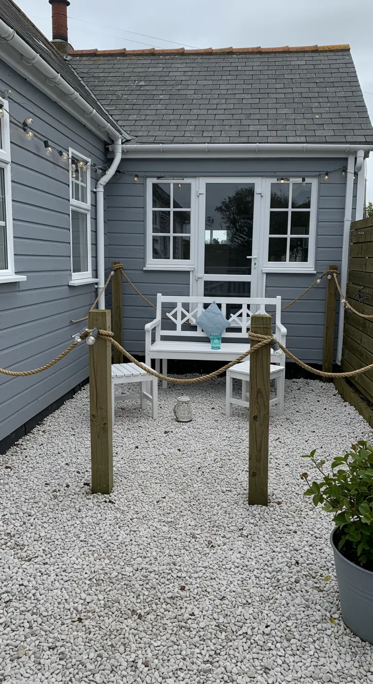 A gravel patio with a white bench, enclosed by wooden posts and a thick rope railing.