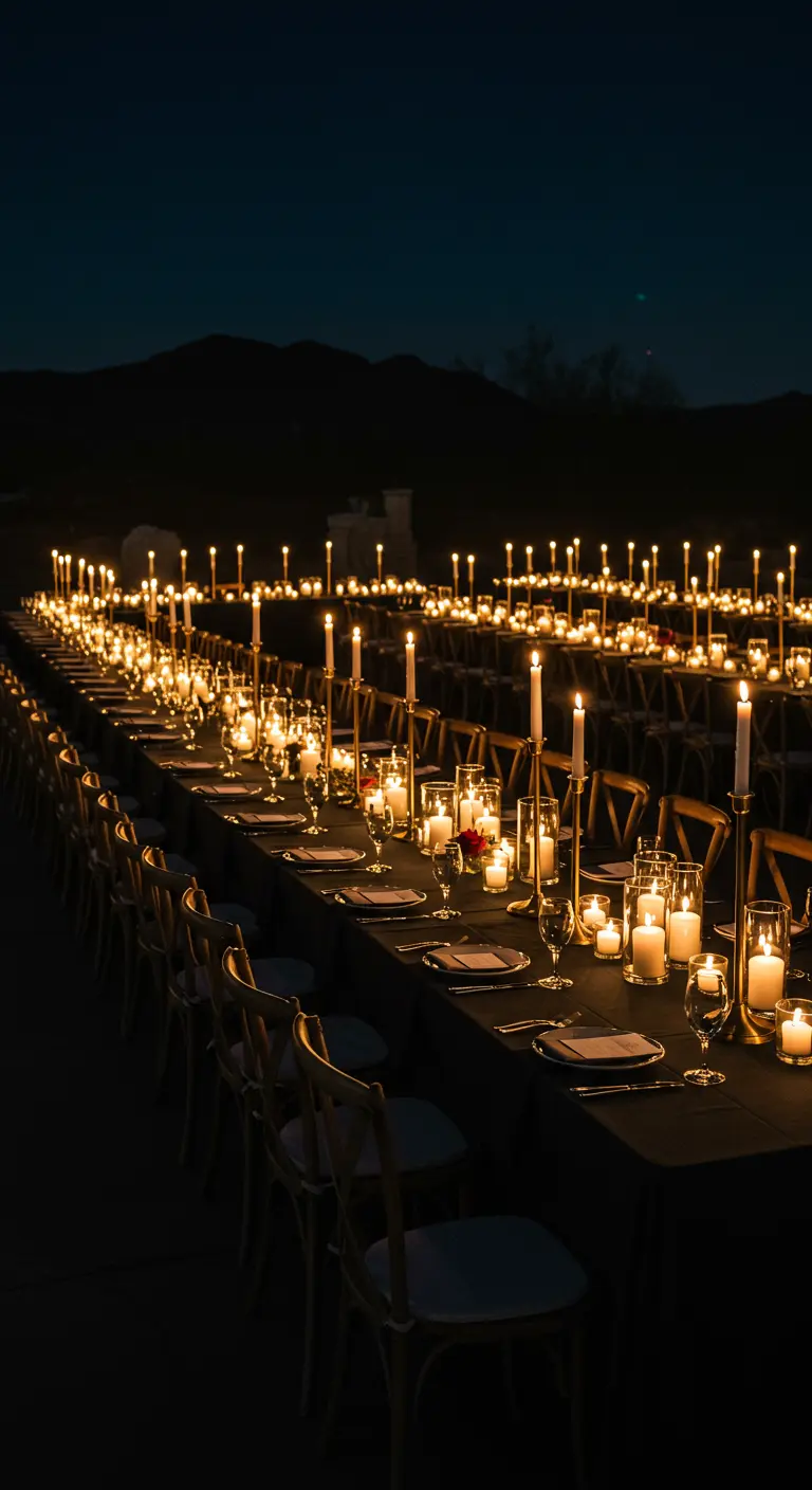 Long reception tables at night illuminated by hundreds of candles.