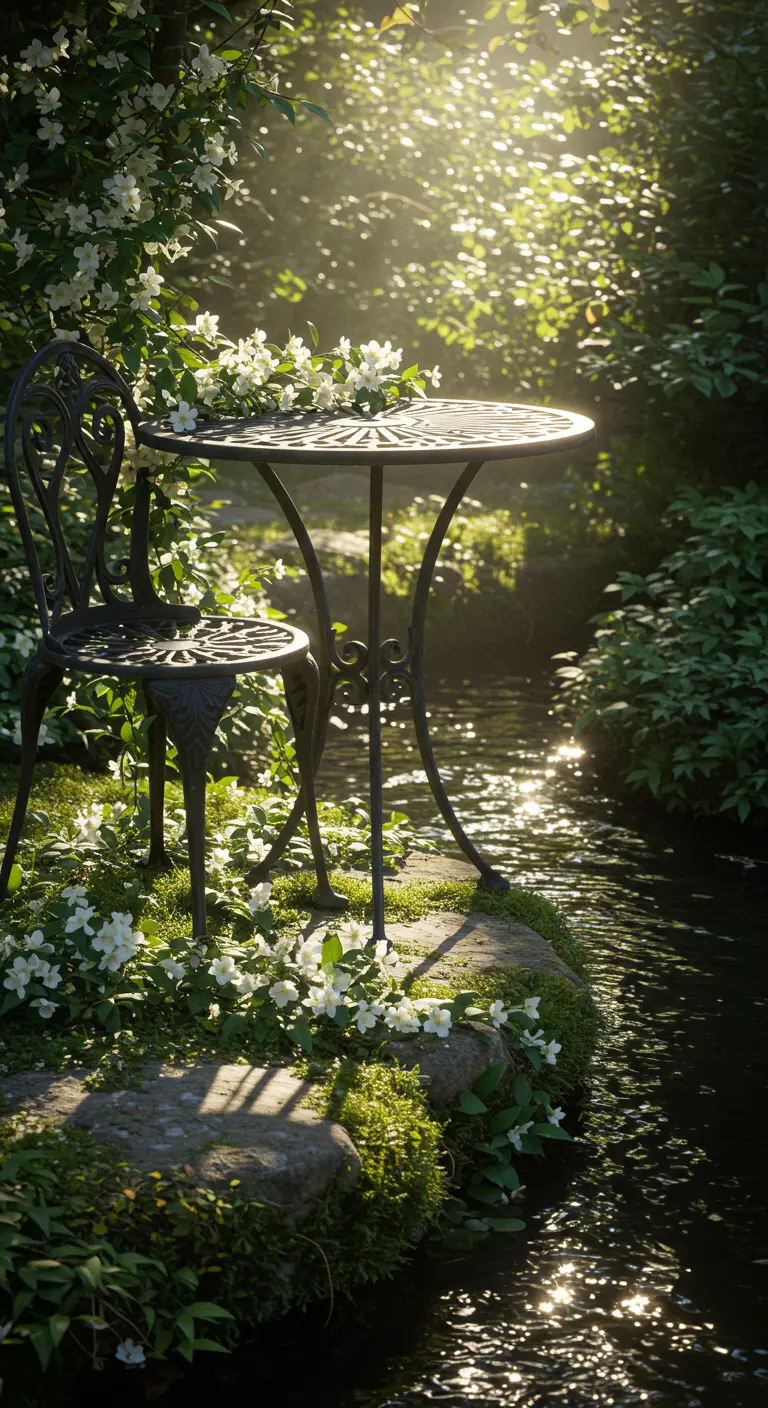 A single black wrought-iron chair on a mossy bank next to a sparkling stream.