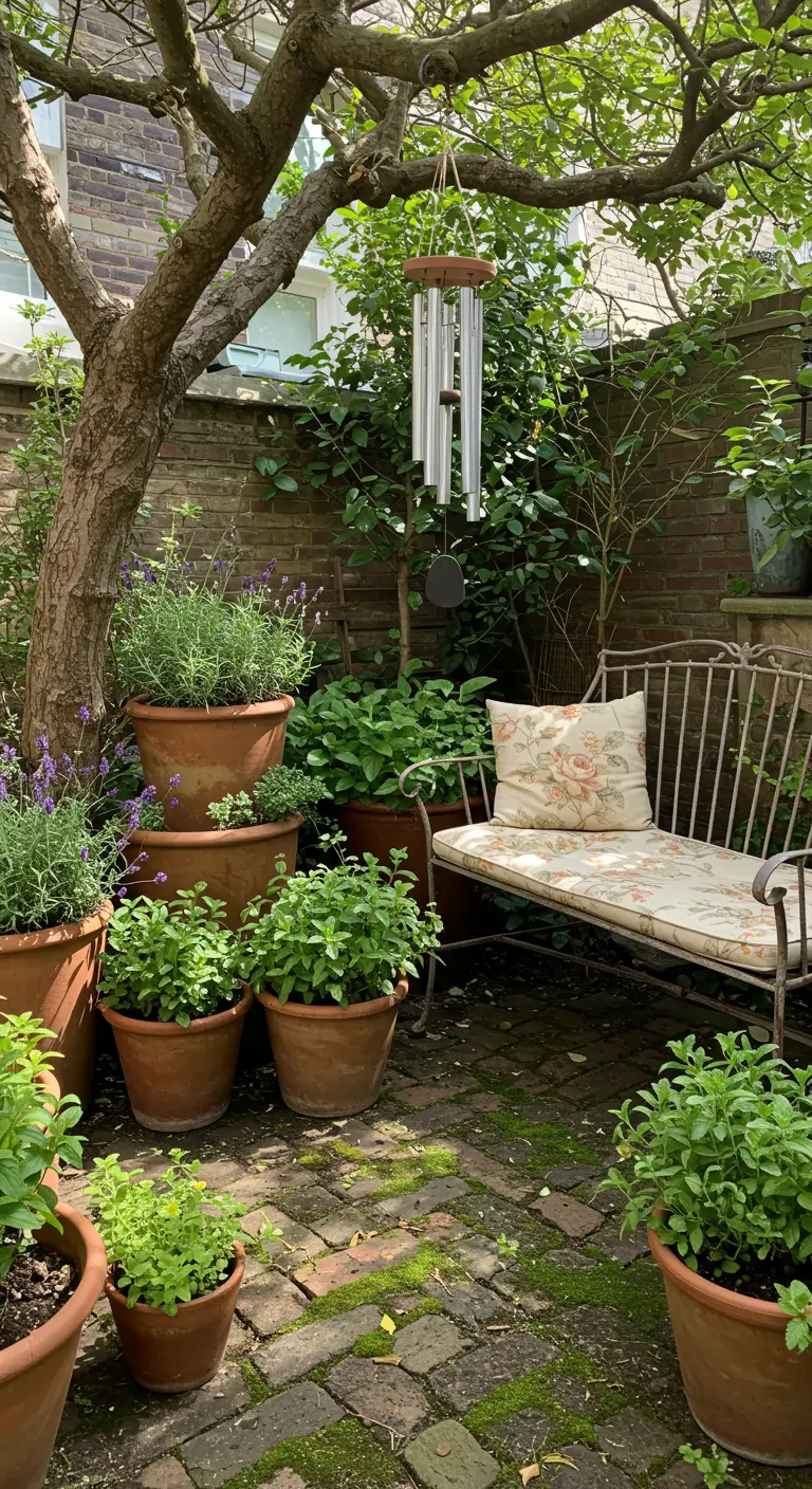 A lush corner garden with a wrought iron bench and clustered terracotta pots filled with herbs.