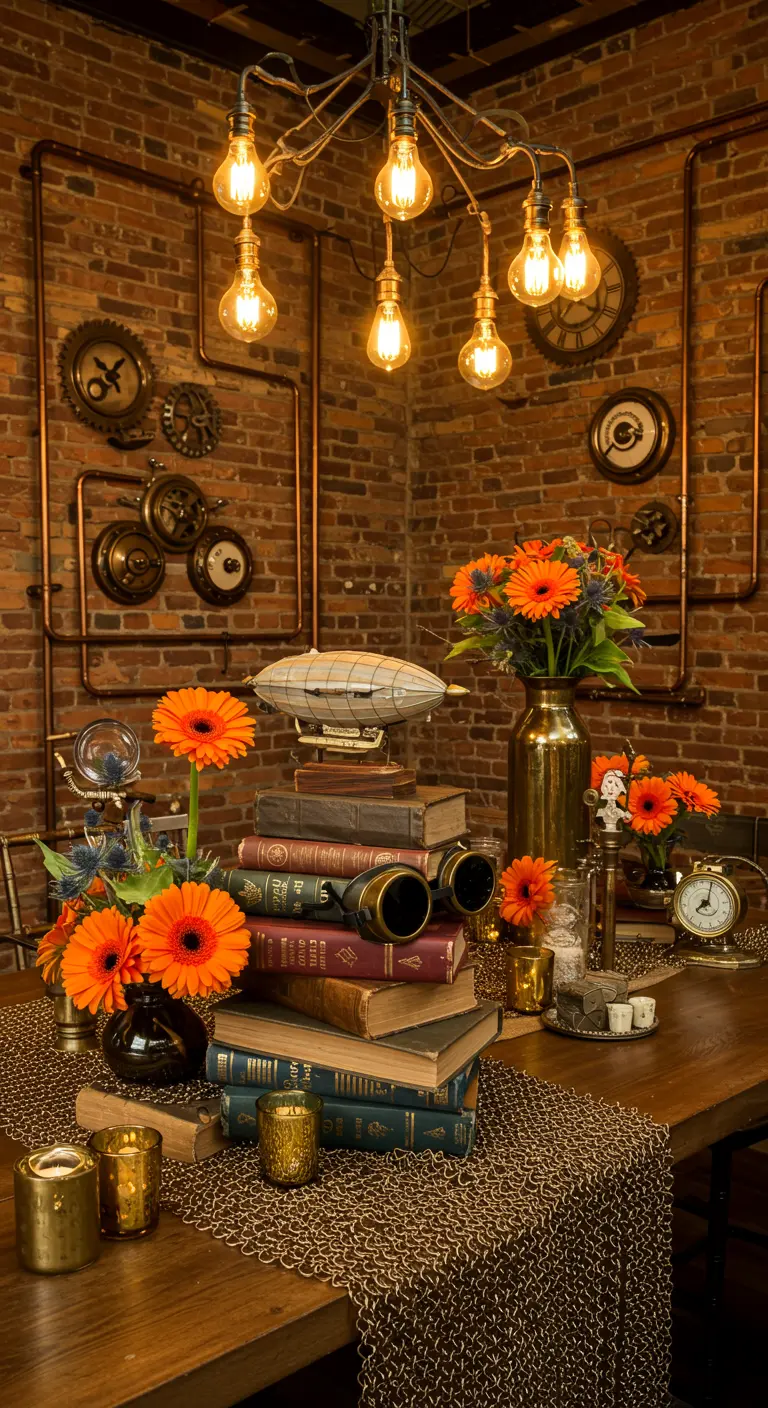 A steampunk-themed table with gears, orange flowers, old books, and a miniature zeppelin.