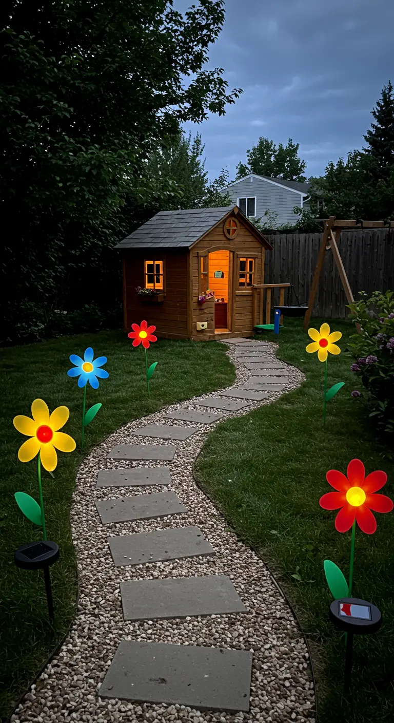 A winding stone path to a child's playhouse lined with large, colorful solar flower lights.