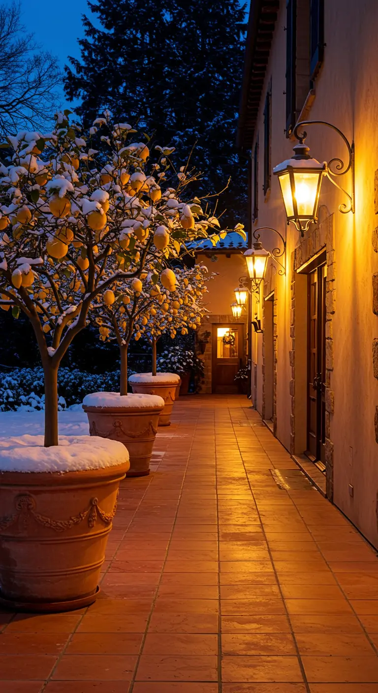 A row of potted lemon trees covered in snow, lining a warmly lit terracotta walkway.