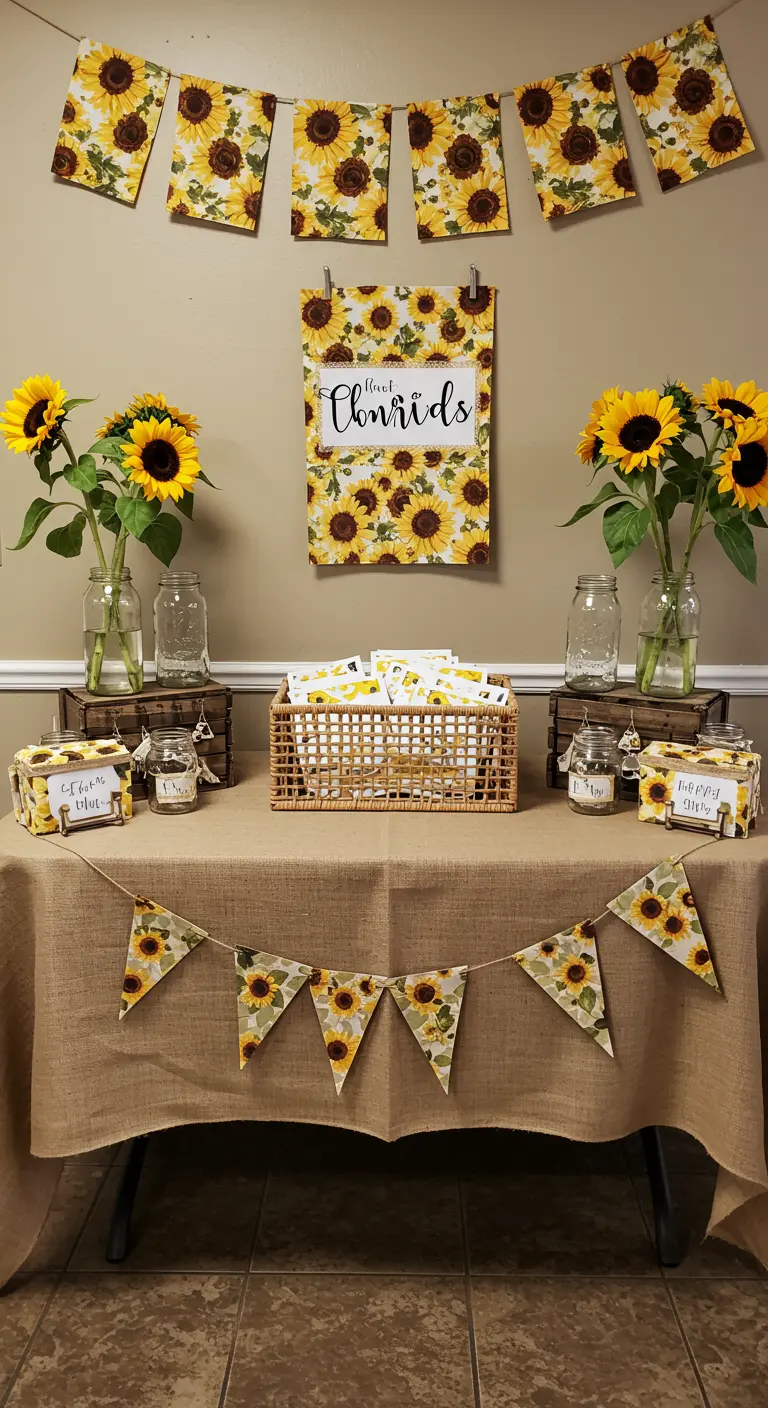 A party favor table decorated with burlap, sunflower banners, and matching favor boxes.