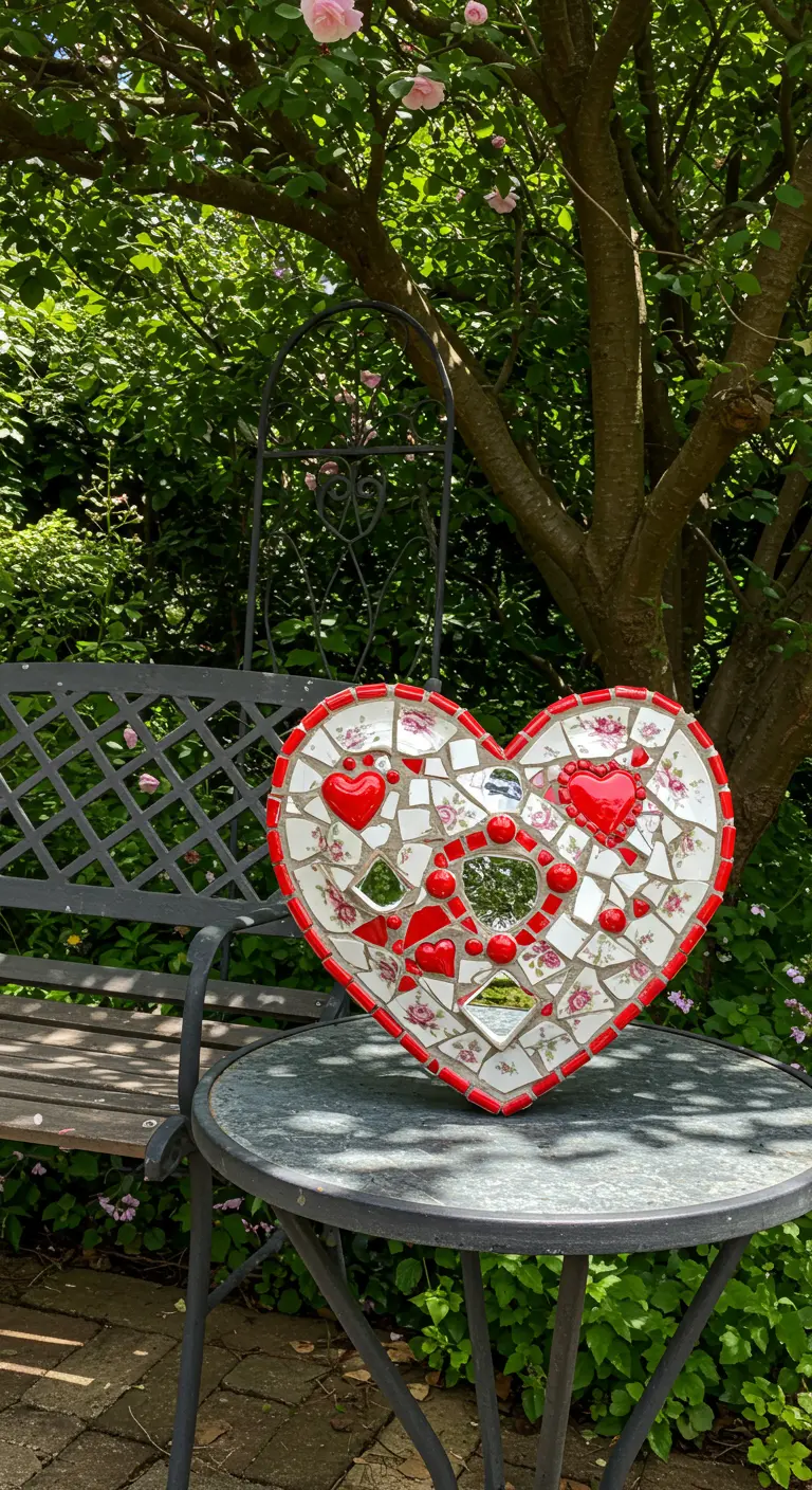 A heart-shaped mosaic made of floral china and red tiles on a garden table.